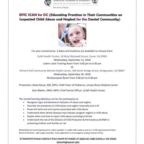 Flyer for dental seminar titled Educating Practices in Their Communities on Suspected Child Abuse and Neglect for the Dental Community