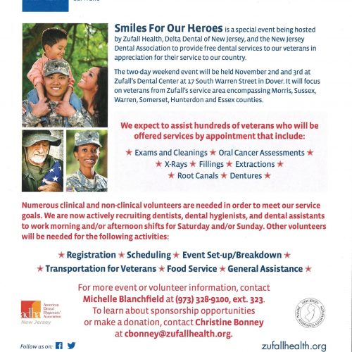Flyer for Smiles for Our Heroes veterans dental event to be held on November 2 and 3.