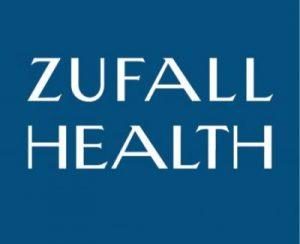 Zufall Health logo. Zufall Health written in whiote on a square field of teal