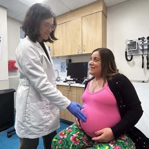 A doctor and pregnant patient are talking to one another during a prenatal visit.